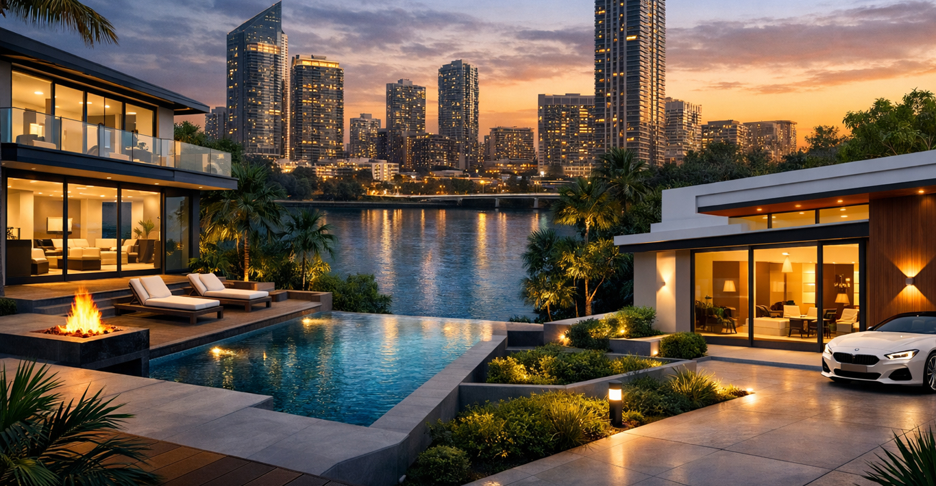 Luxurious modern waterfront villa at sunset featuring an infinity pool, fire pit, lounge chairs, and a white sports car in the driveway, with a city skyline and high-rise buildings reflecting on calm water in the background.