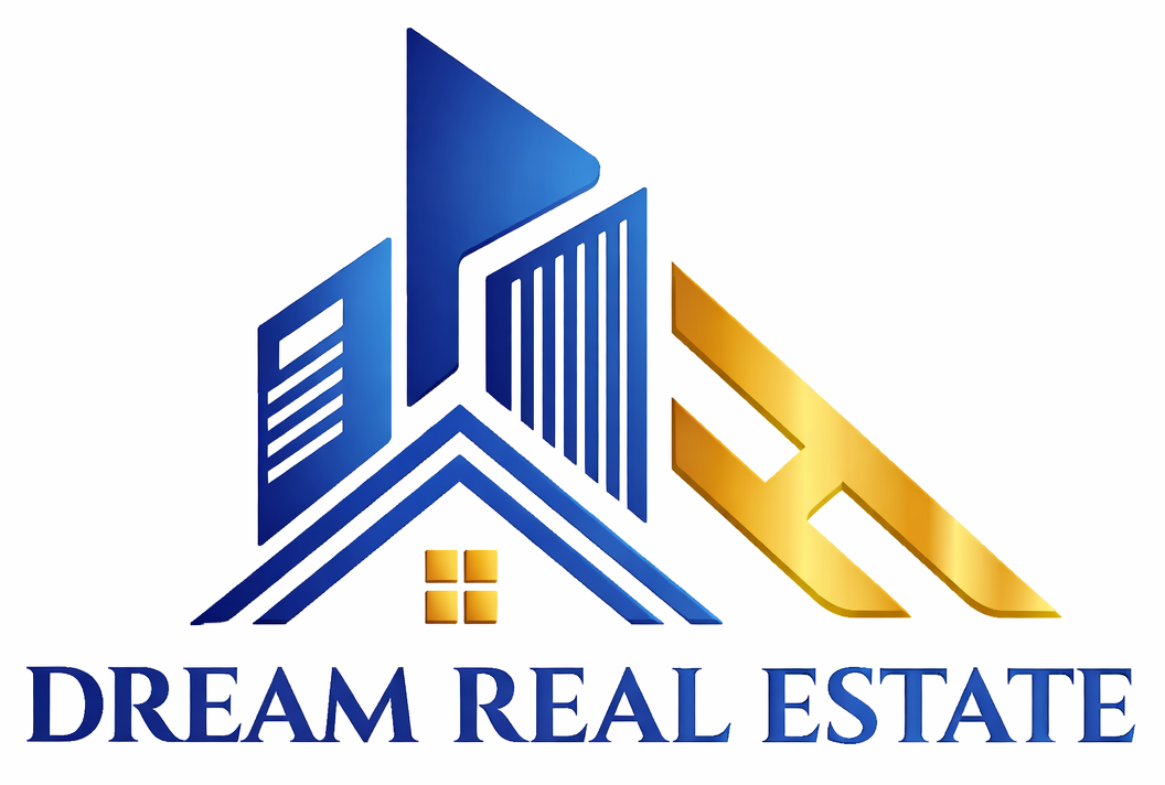 Dream Real Estate logo featuring stylized blue and gold buildings forming a roof shape with a small yellow window, and the company name in bold blue serif font below.