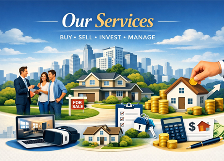 Illustration showing real estate services including buying, selling, investing, and managing properties; features a couple with an agent, houses, coins, keys, calculator, and city skyline in the background.