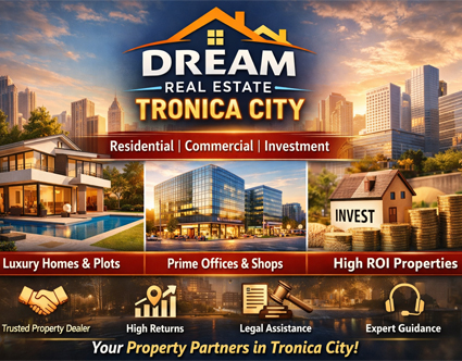  Dream Real Estate Tronica City promo showing homes, offices, and investment visuals under a city skyline.